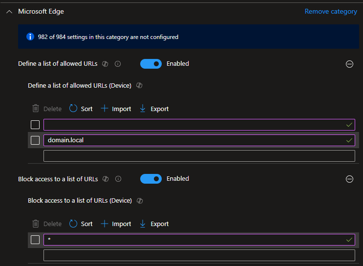 Intune Settings catalog – URL blocklist and allowlist for Microsoft Edge